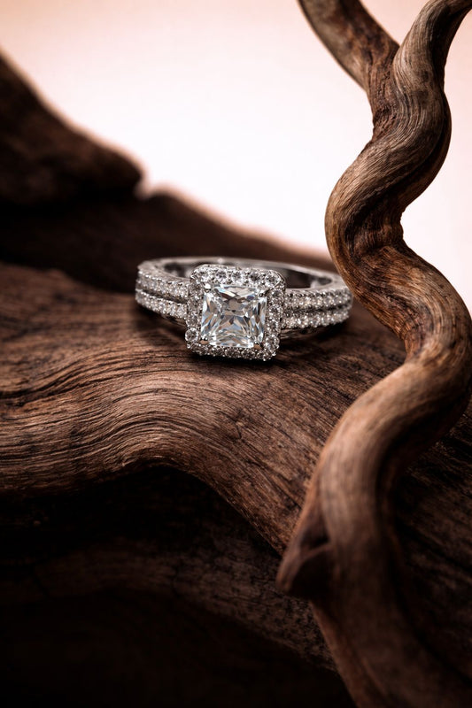 Elegant Princess-Cut Diamond Halo Engagement Ring with Double Pavé Band