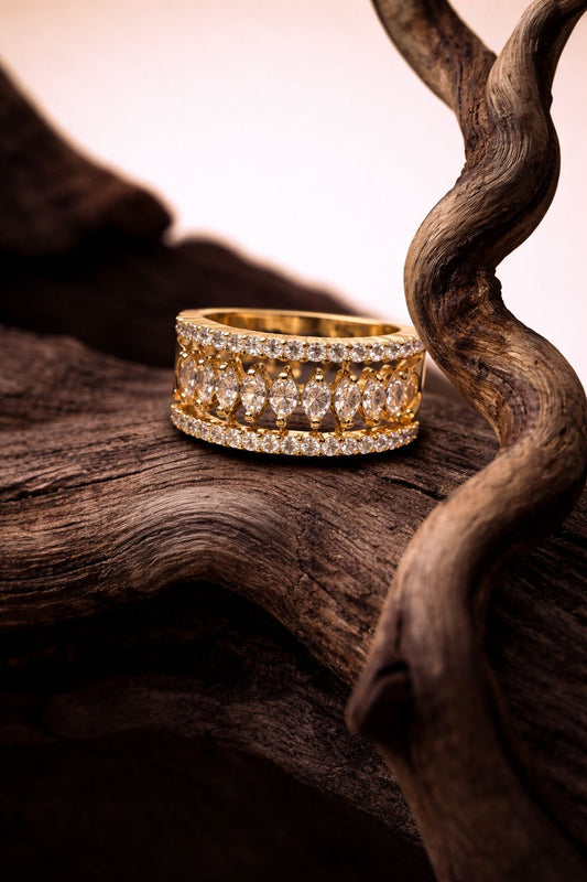 Luxury Gold Diamond Eternity Band with Marquise-Cut Stones & Pavé Detailing