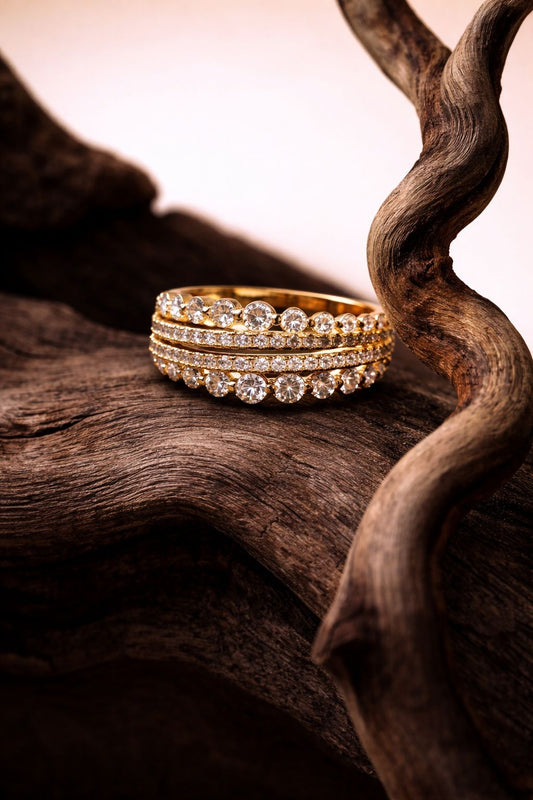 Elegant Gold Diamond Stackable Ring Set with Pavé Bands & Round-Cut Stones