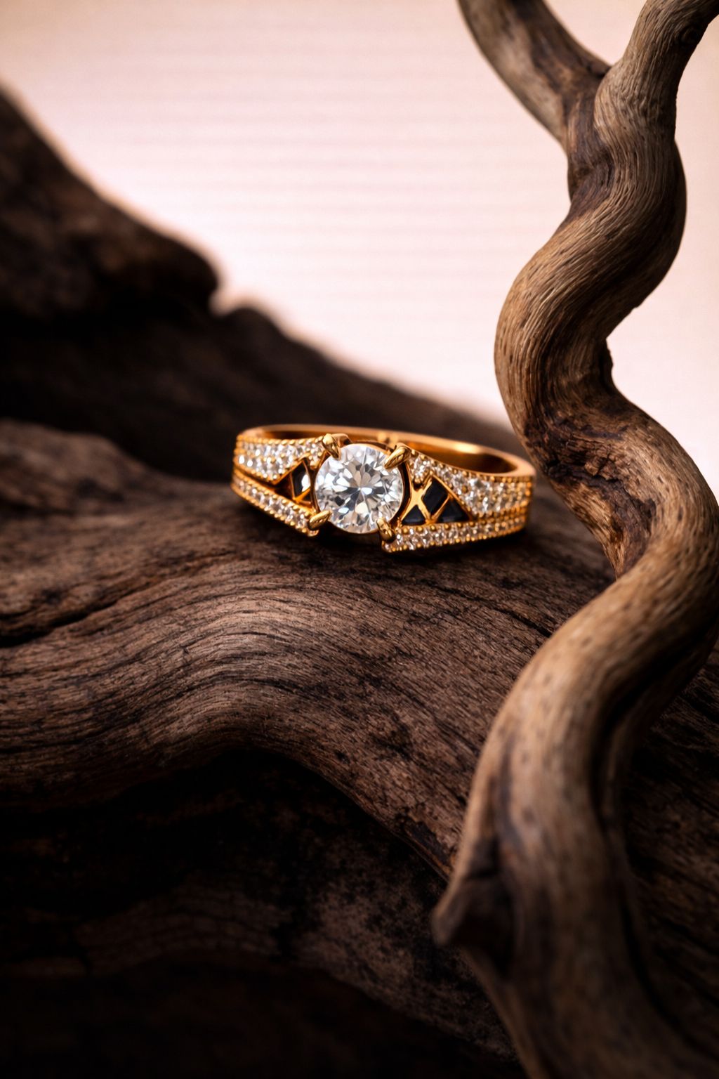 Classic Gold Solitaire Diamond Ring with Pavé Accents & Geometric Detailing