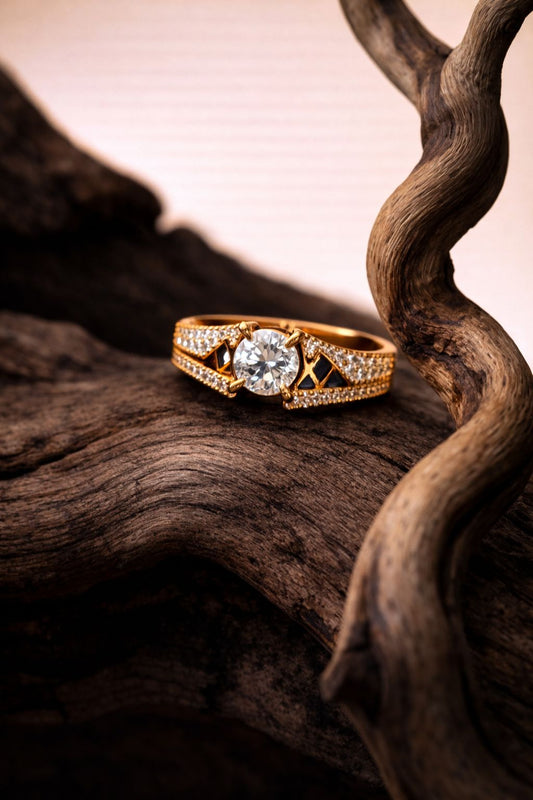 Classic Gold Solitaire Diamond Ring with Pavé Accents & Geometric Detailing
