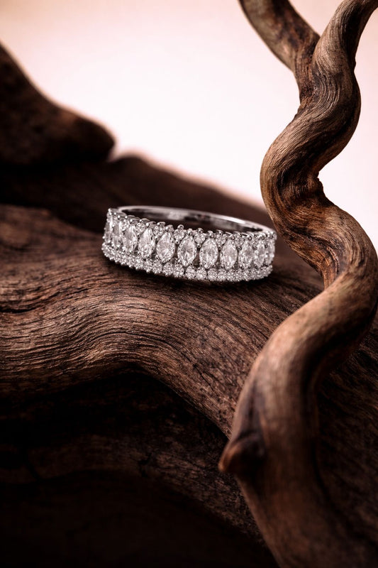 Elegant White Gold Diamond Band with Marquise-Cut Stones & Pavé Setting