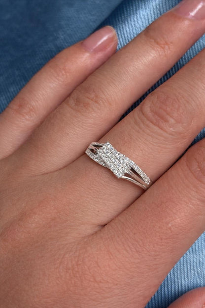 Elegant White Gold Diamond Cluster Ring with Triple-Stone Design & Split Band