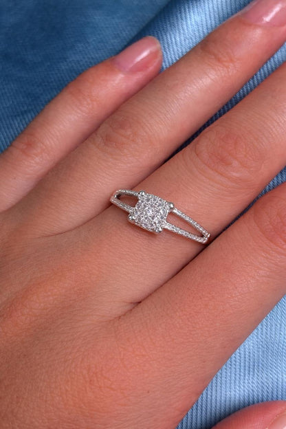 Elegant White Gold Diamond Cluster Ring with Split Pavé Band