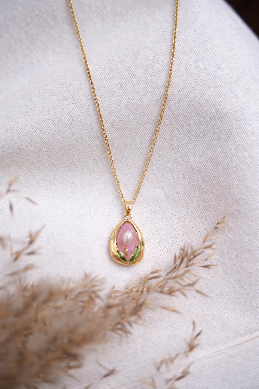 Elegant Gold Floral Pendant Necklace with Pearl Accent & Enamel Detailing