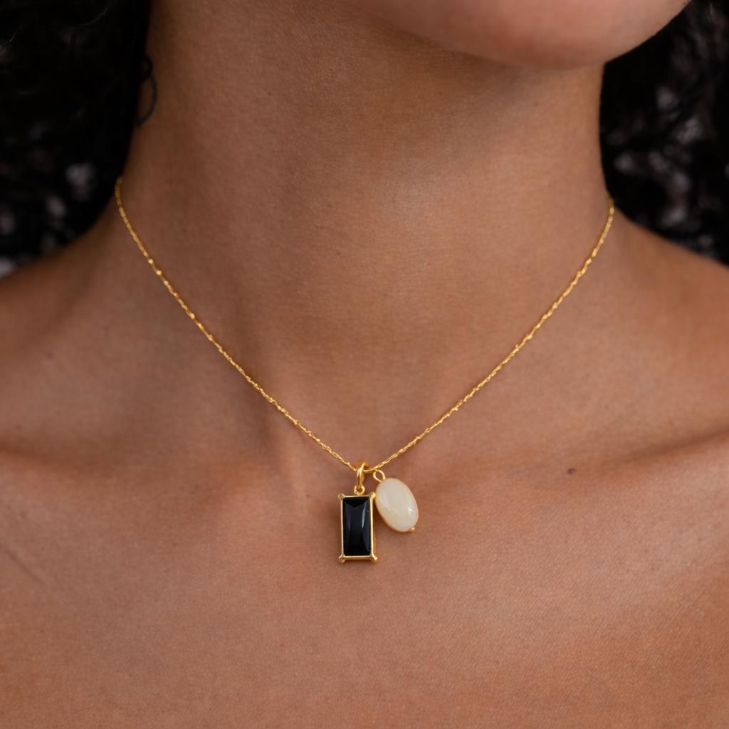 Modern Gold Dual Pendant Necklace with Black Stone & Pearl Accent