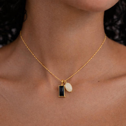Modern Gold Dual Pendant Necklace with Black Stone & Pearl Accent