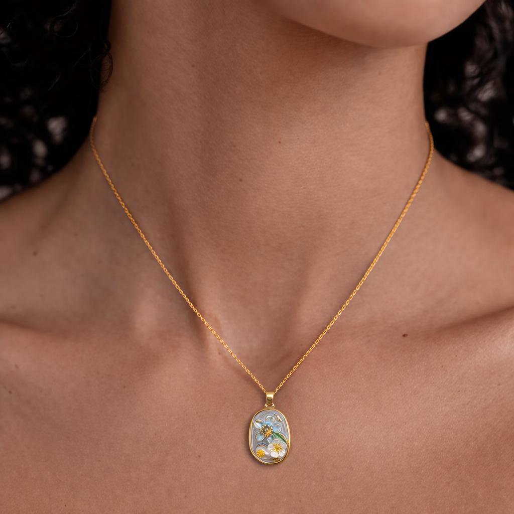 Elegant Gold Floral Enamel Pendant Necklace with Hand-Painted Design