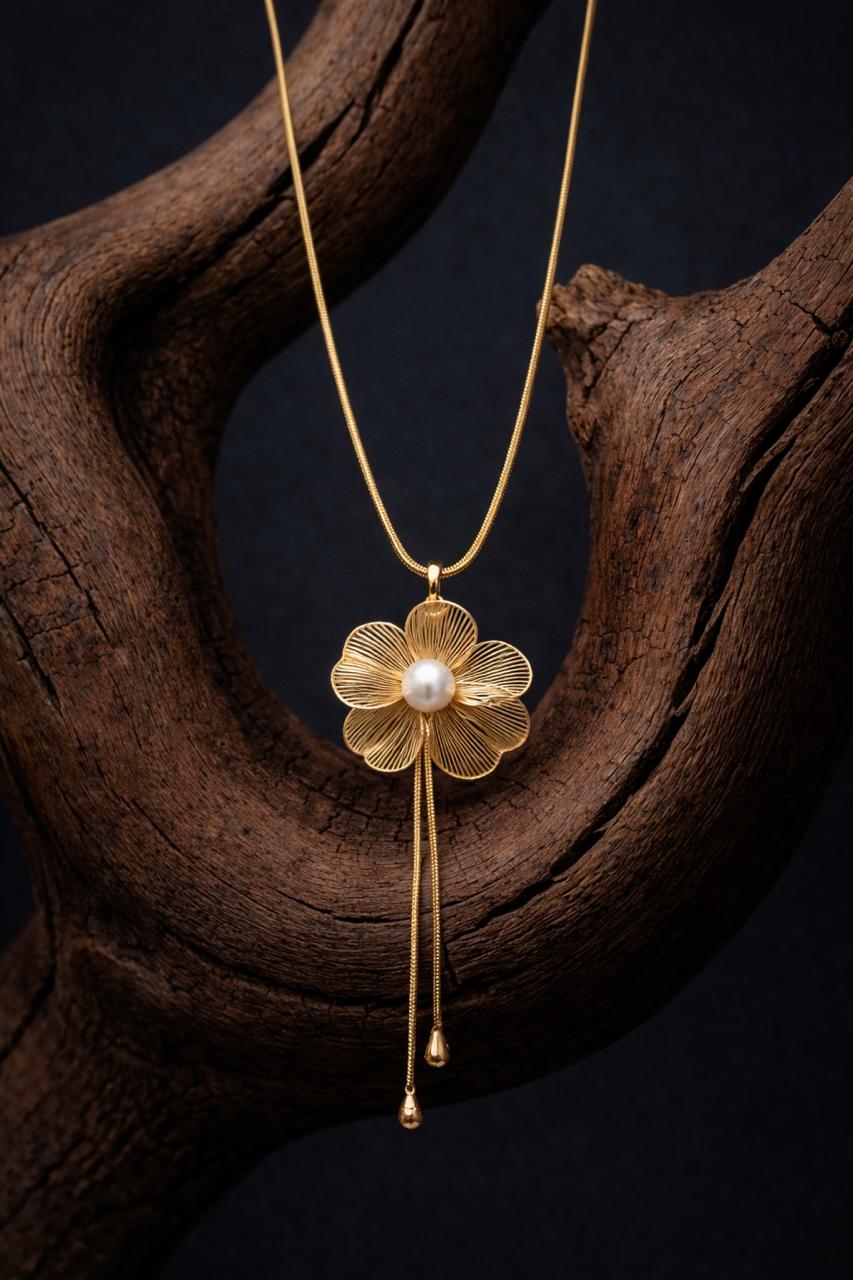 Elegant Gold Floral Pearl Jewelry Set with Pendant Necklace & Stud Earrings