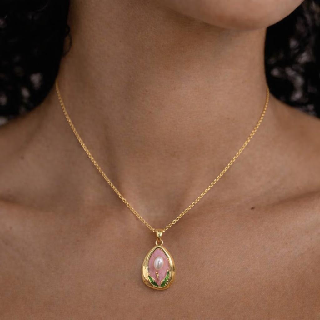 Elegant Gold Floral Pendant Necklace with Pearl Accent & Enamel Detailing