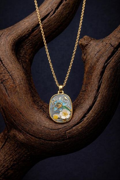 Elegant Gold Floral Enamel Pendant Necklace with Hand-Painted Design