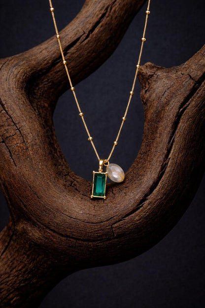 Elegant Gold Dual Pendant Necklace with Emerald-Cut Green Stone & Pearl Accent