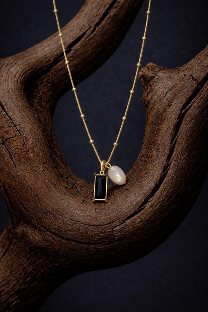 Modern Gold Dual Pendant Necklace with Black Stone & Pearl Accent