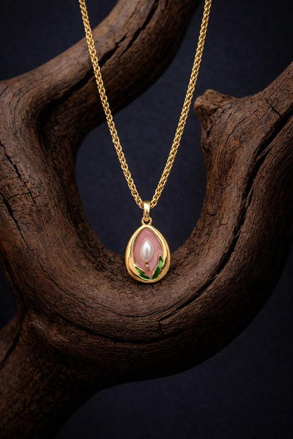 Elegant Gold Floral Pendant Necklace with Pearl Accent & Enamel Detailing