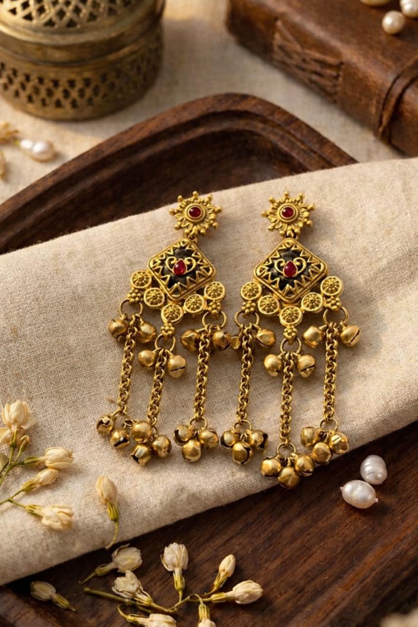 Traditional Gold-Tone Tassel Earrings with Black Enamel & Red Stone Accents