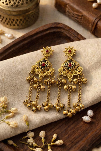 Traditional Gold-Tone Tassel Earrings with Black Enamel & Red Stone Accents