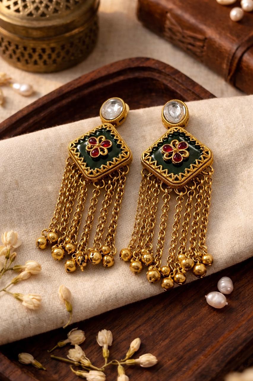 Traditional Gold-Tone Tassel Earrings with Green Enamel & Floral Motif