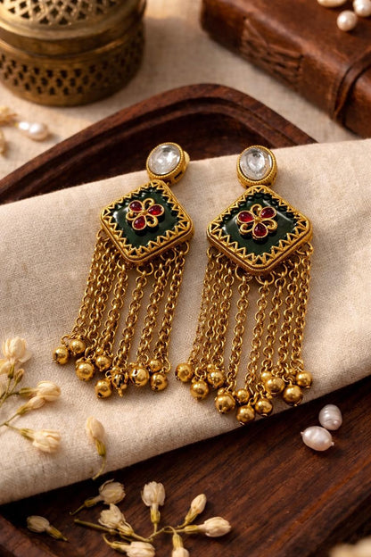 Traditional Gold-Tone Tassel Earrings with Green Enamel & Floral Motif