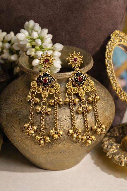 Traditional Gold-Tone Tassel Earrings with Black Enamel & Red Stone Accents