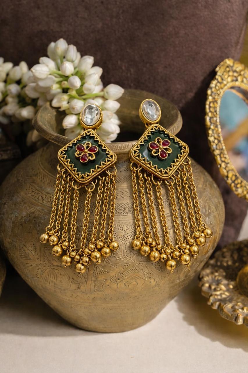 Traditional Gold-Tone Tassel Earrings with Green Enamel & Floral Motif