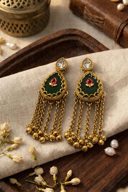 Traditional Gold-Tone Dangler Earrings with Green Enamel & Chain Tassels