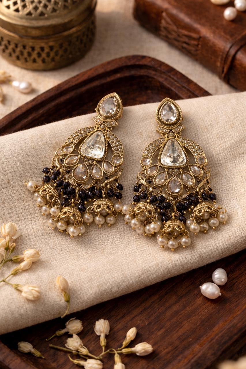 Bridal Antique Gold Kundan Chandbali Earrings with Pearl & Bead Drops