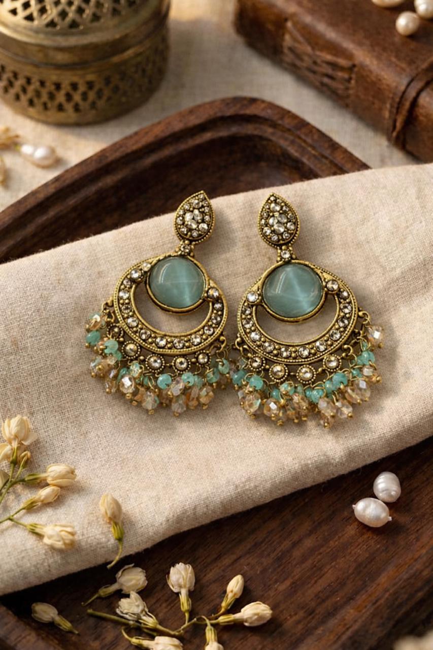 Traditional Antique Gold Chandbali Earrings with Aqua Stone & Crystal Bead Drops