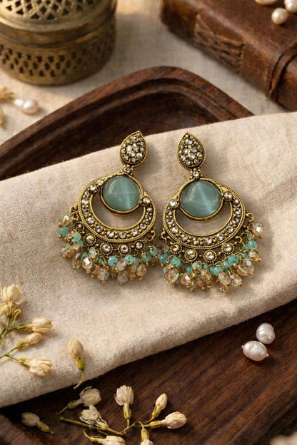 Traditional Antique Gold Chandbali Earrings with Aqua Stone & Crystal Bead Drops