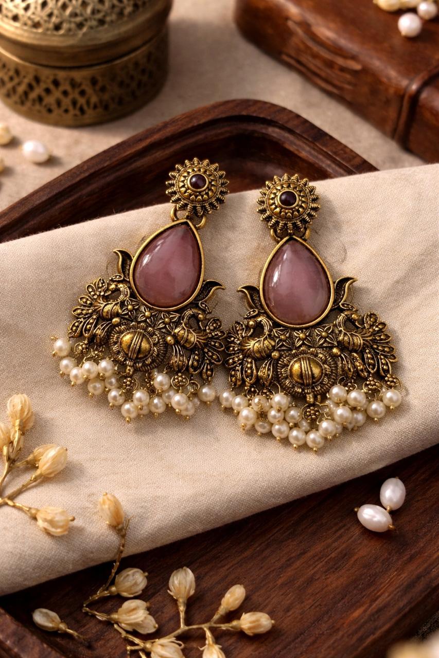Traditional Antique Gold Chandbali Earrings with Rose Quartz Stone & Pearl Drops