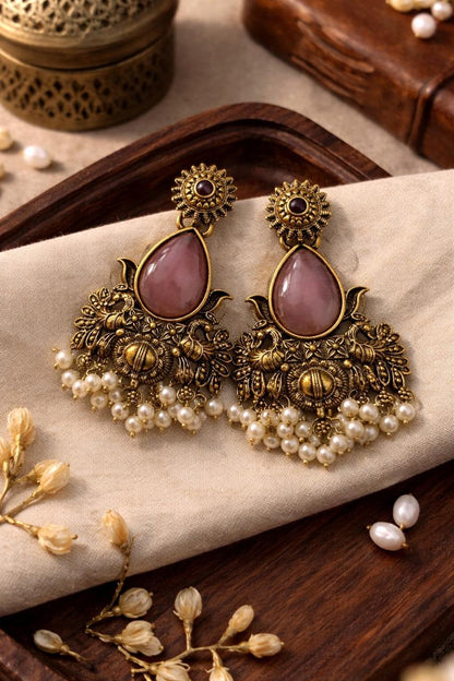 Traditional Antique Gold Chandbali Earrings with Rose Quartz Stone & Pearl Drops