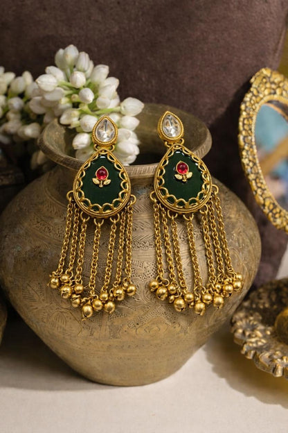 Traditional Gold-Tone Dangler Earrings with Green Enamel & Chain Tassels