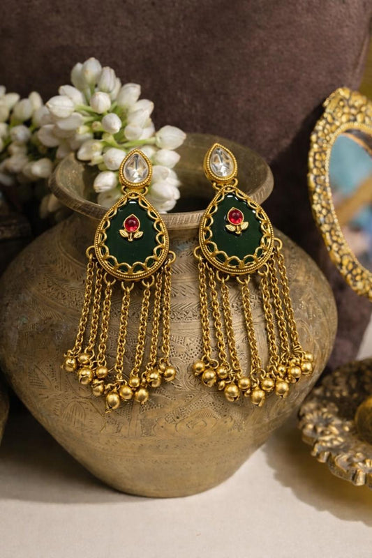 Traditional Gold-Tone Dangler Earrings with Green Enamel & Chain Tassels