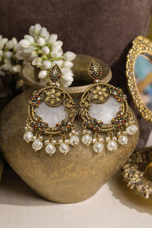 Vintage Antique Gold Chandbali Earrings with Multicolor Stones & Crystal Drops