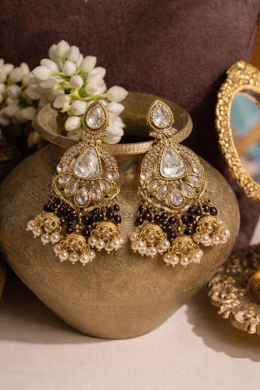 Bridal Antique Gold Kundan Chandbali Earrings with Pearl & Bead Drops