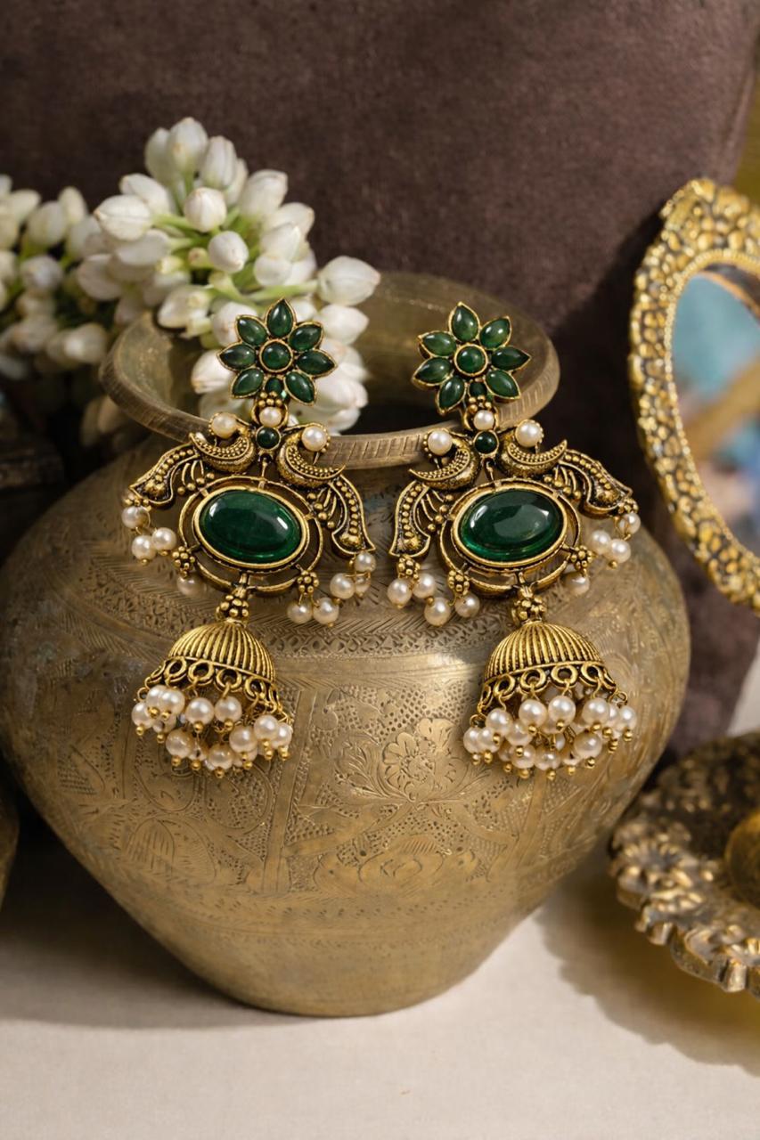 Traditional Antique Gold Jhumka Earrings with Green Floral Design & Pearl Drops