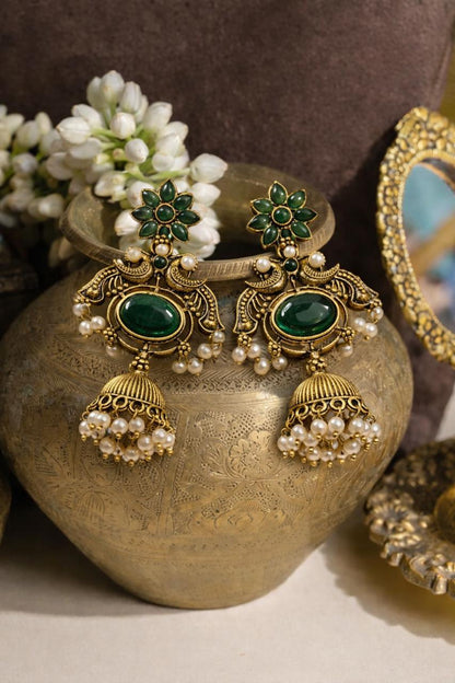 Traditional Antique Gold Jhumka Earrings with Green Floral Design & Pearl Drops