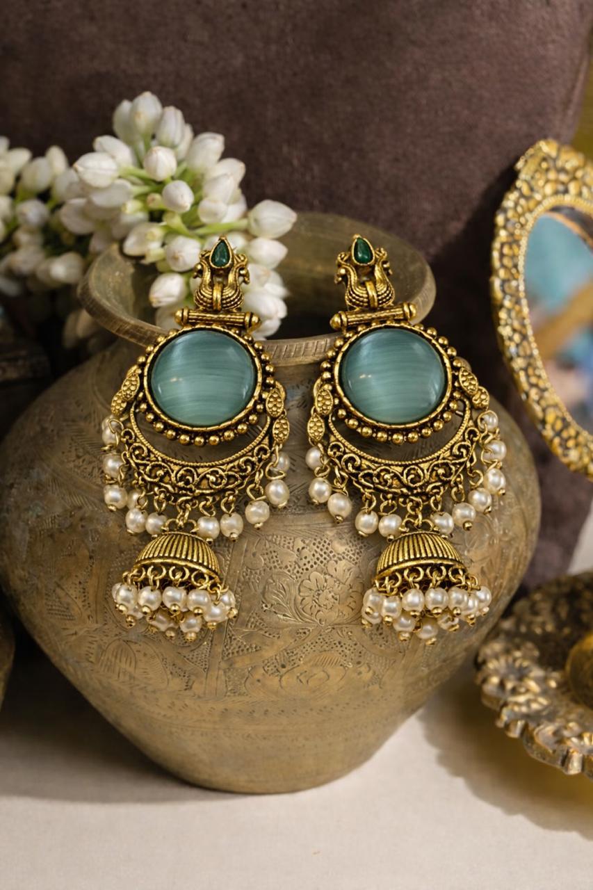 Traditional Antique Gold Jhumka Earrings with Aqua Stone & Pearl Drops