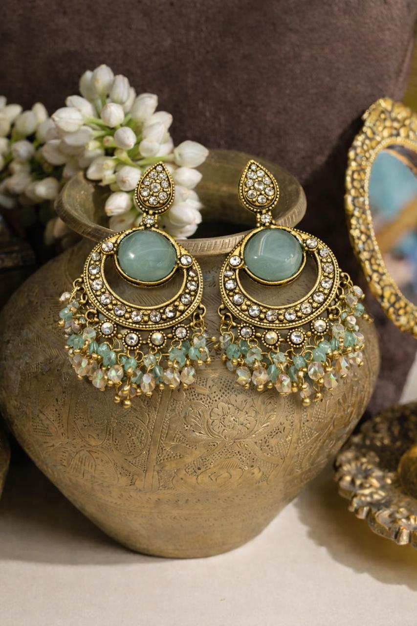Traditional Antique Gold Chandbali Earrings with Aqua Stone & Crystal Bead Drops