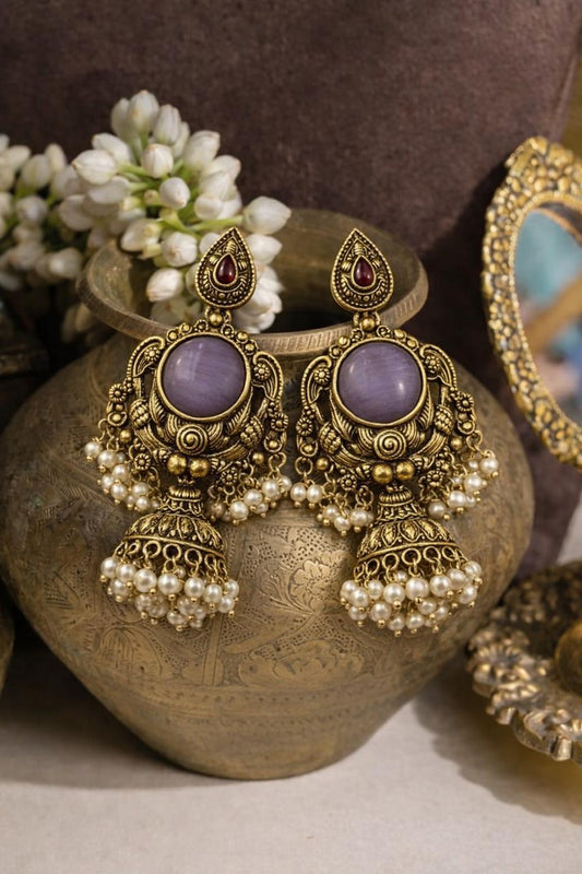Traditional Antique Gold Jhumka Earrings with Lavender Stone & Pearl Drops