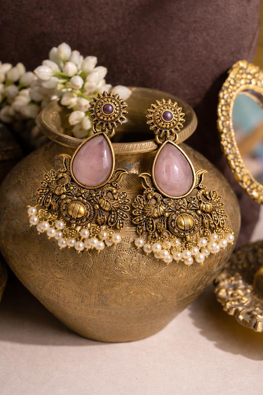 Traditional Antique Gold Chandbali Earrings with Rose Quartz Stone & Pearl Drops