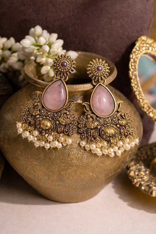 Traditional Antique Gold Chandbali Earrings with Rose Quartz Stone & Pearl Drops
