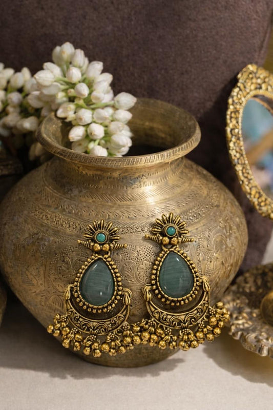 Traditional Gold-Tone Statement Earrings with Teardrop Green Stone & Antique Finish