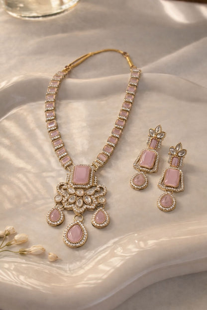 Elegant Pink Stone Designer Necklace Set with Earrings – Gold-Plated Party & Wedding Jewelry
