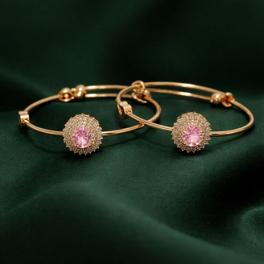 Elegant Pink Stone Gold-Plated Adjustable Bracelet Set – Designer Kada for Women