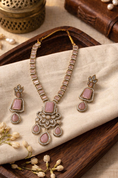 Elegant Pink Stone Designer Necklace Set with Earrings – Gold-Plated Party & Wedding Jewelry