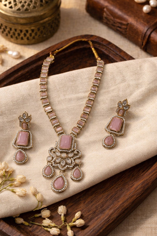 Elegant Pink Stone Designer Necklace Set with Earrings – Gold-Plated Party & Wedding Jewelry