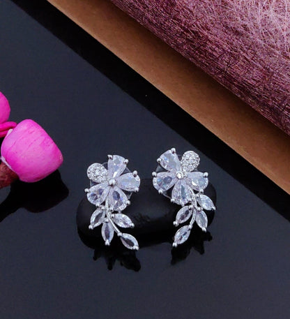 Elegant Floral Crystal Drop Earrings – Silver Finish