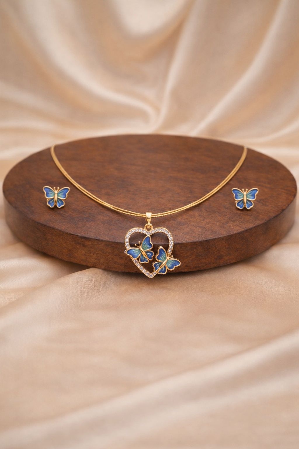 Elegant Butterfly Heart Pendant Necklace Set with Matching Stud Earrings