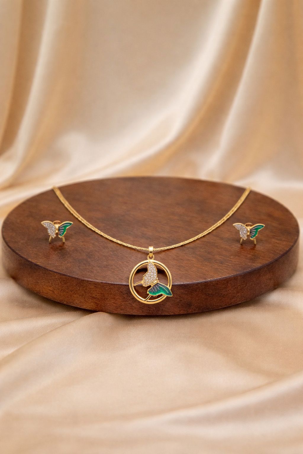 Elegant Dual-Tone Butterfly Pendant Necklace Set with Matching Stud Earrings
