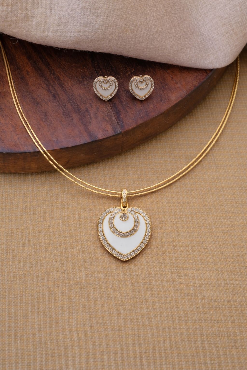 Elegant Double Heart Diamond Pendant Necklace Set with Matching Earrings